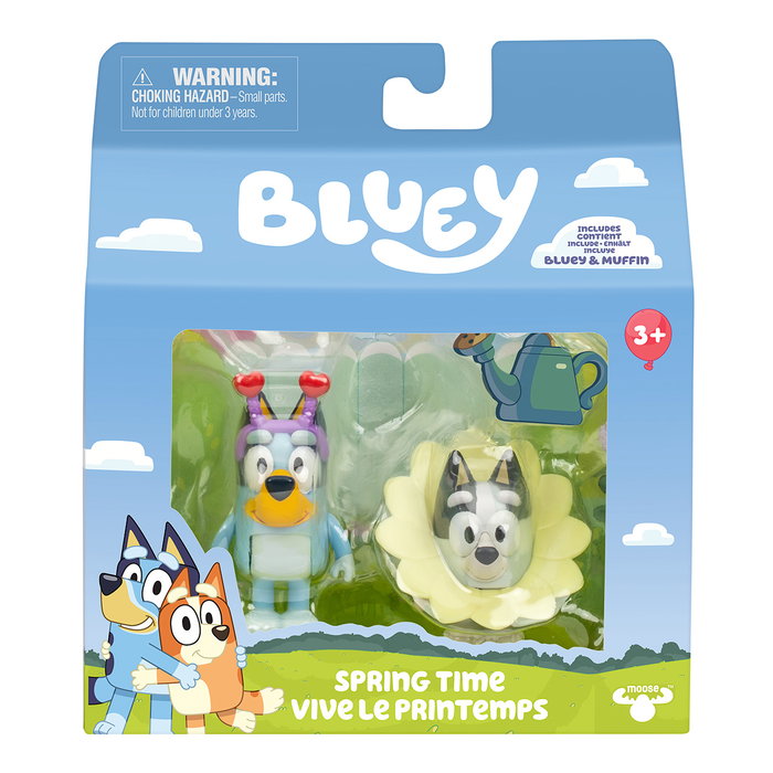 Moose Pack de 2 Figurines Primavera (Printemps) Bluey et Muffin 18913 - Figurines Articulées avec Accessoires, Licence Bluey