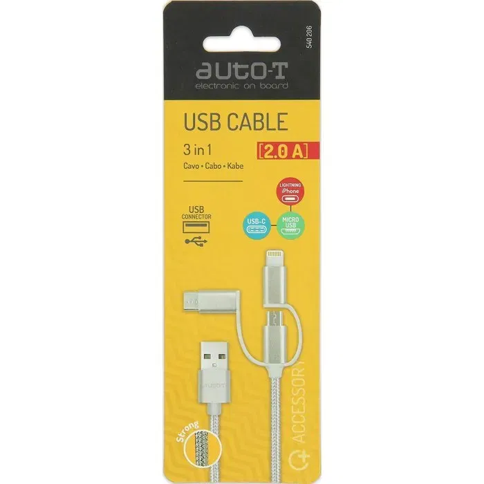 Auto-T Câble 3 en 1 Micro-USB/Lightning/USB-C (540206) - Câble Téléphone Renforcé 1 m en Textile Argenté