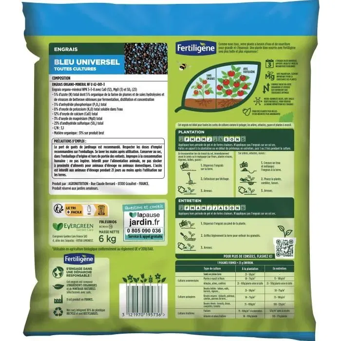 Fertiligene Engrais Bleu Universel FBLEUBIO6 - 6 kg - NPK 5-3-8, Potasse - Action longue durée 3 mois, Pour légumes, fruits, plantes fleuries, 240 m²