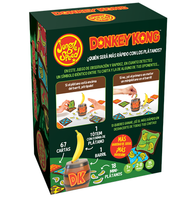 Asmodee Jungle Speed Donkey Kong Jeu de Société – Édition Spéciale, 67 Cartes, 1 Totem Banane, 1 Baril, 18 Mini Bananes