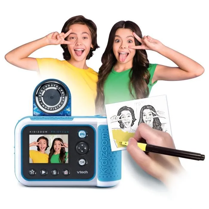 VTech KidiZoom Print Cam Graffiti, Appareil Photo HD Impression Instantanée pour Enfant 5-13 Ans, 40+ Effets, 60+ Cadres, Mode Selfie, Détection Visage, Bleu, Langue Française