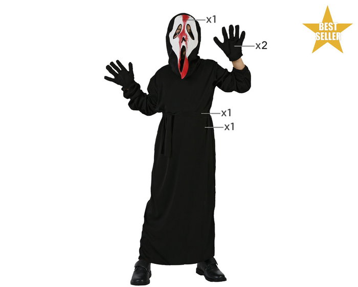 Déguisement Enfant 10-12 Ans Thème Halloween Assassin de Film - Tunique à Capuche, Masque et Gants - Noir - Polyester