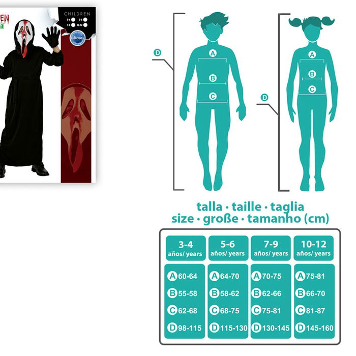 Disfraz - Costume d'Assassin de Film d'Halloween pour Garçon, Taille Enfant 10-12 Ans, Noir, Composition: Tunique avec Capuche, Masque et Gants