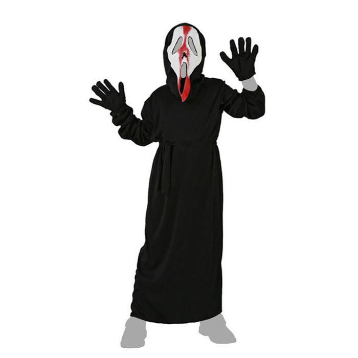 Disfraz - Costume d'Assassin de Film d'Halloween pour Garçon, Taille Enfant 10-12 Ans, Noir, Composition: Tunique avec Capuche, Masque et Gants