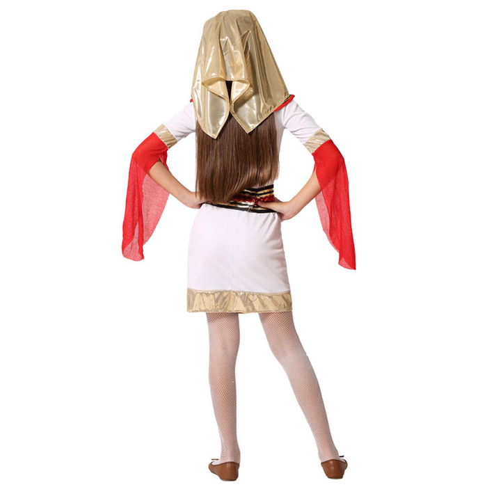Déguisement de pharaon égyptien pour fille 5-6 ans, ensemble 4 pièces (toge blanche, collier, ceinture, coiffe) en polyester doré et rouge