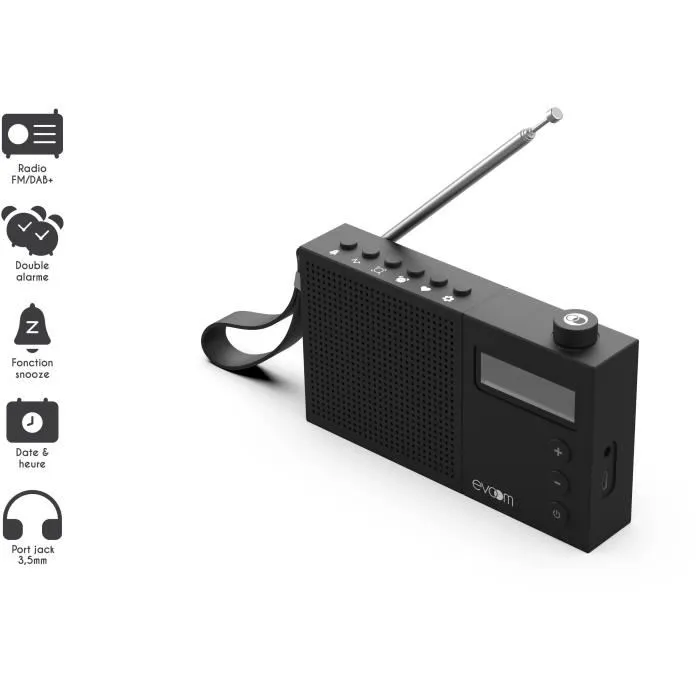 Evoom Radio-réveil EGY Noir, Radio FM et DAB+, Alarme Double, Affichage Rétroéclairé, Alimentation Piles et USB Evoom Radio-réveil EGY Noir, Radio FM et DAB+, Alarme Double, Affichage Rétroéclairé, Alimentation Piles et USB