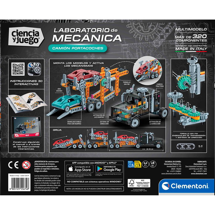 Clementoni Camion Porte-voitures Mechanics 55674 – Set de construction avec 180 pièces, à partir de 8 ans