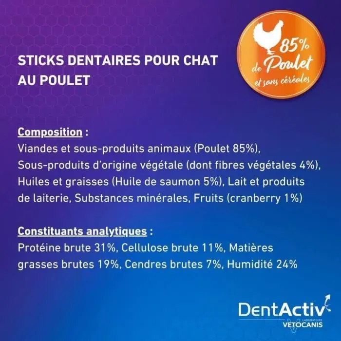 Vetocanis DentActiv - 10 Bâtonnets à Mâcher - Hygiène Bucco-Dentaire pour Chat - Au Poulet, sans Céréales, Anti-Plaque