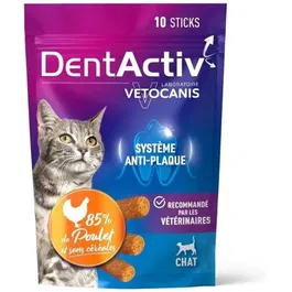 Vetocanis DentActiv - 10 Bâtonnets à Mâcher - Hygiène Bucco-Dentaire pour Chat - Au Poulet, sans Céréales, Anti-Plaque