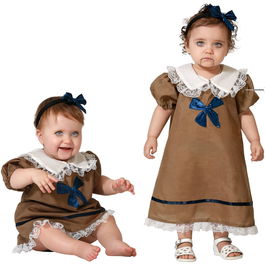 Déguisement bébé poupée avec robe marron, dentelle et nœuds bleus pour fille 6-12 mois - Pour Halloween, carnaval ou photos