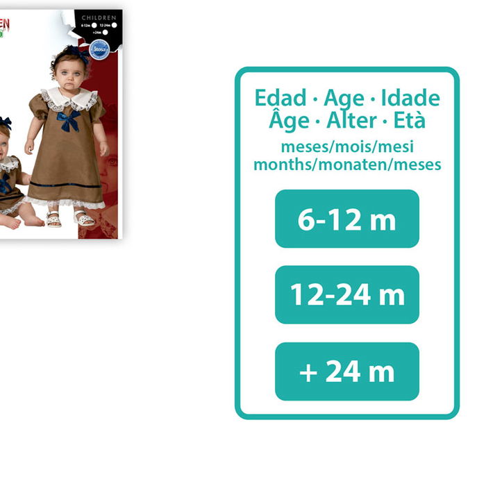 Déguisement pour bébé fille - Robe marron avec encage et noeuds bleus - Déguisement de poupée vintage pour carnaval ou photos - Taille 6-12 mois - 100% Polyester