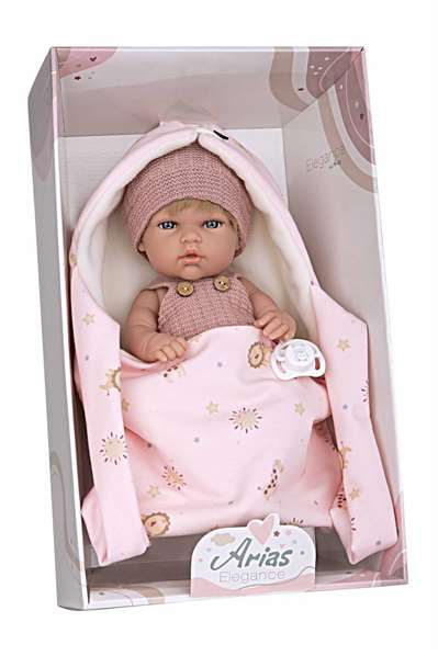 Muñecas Arias Muñeca Elegance, poupée fille 30 cm, corps vinyle, robe rose avec porte-bébé, âge recommandé 3 ans