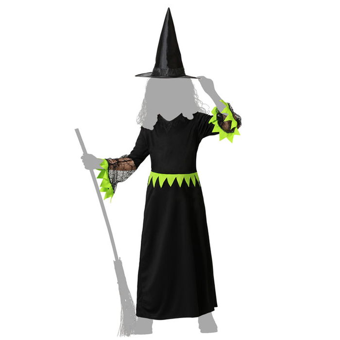 Déguisement Enfant Sorcière Robe Longue Vert et Noir avec Chapeau Pointu - Halloween - 5-6 Ans - En Polyester