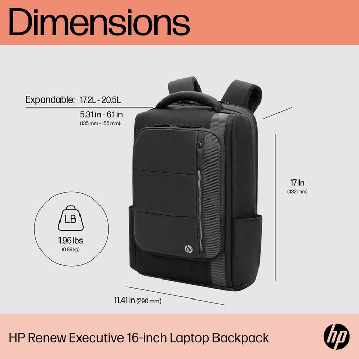HP Sac à dos Renew Executive pour ordinateur portable 16" - Extension de rangement, port USB-C, fabrication en plastique recyclé