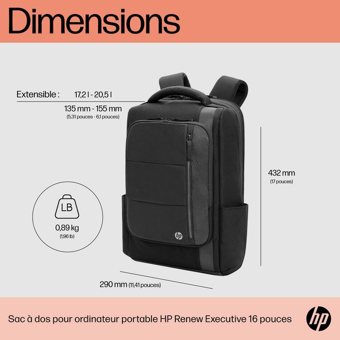 HP Sac à dos Renew Executive pour ordinateur portable 16" - Extension de rangement, port USB-C, fabrication en plastique recyclé