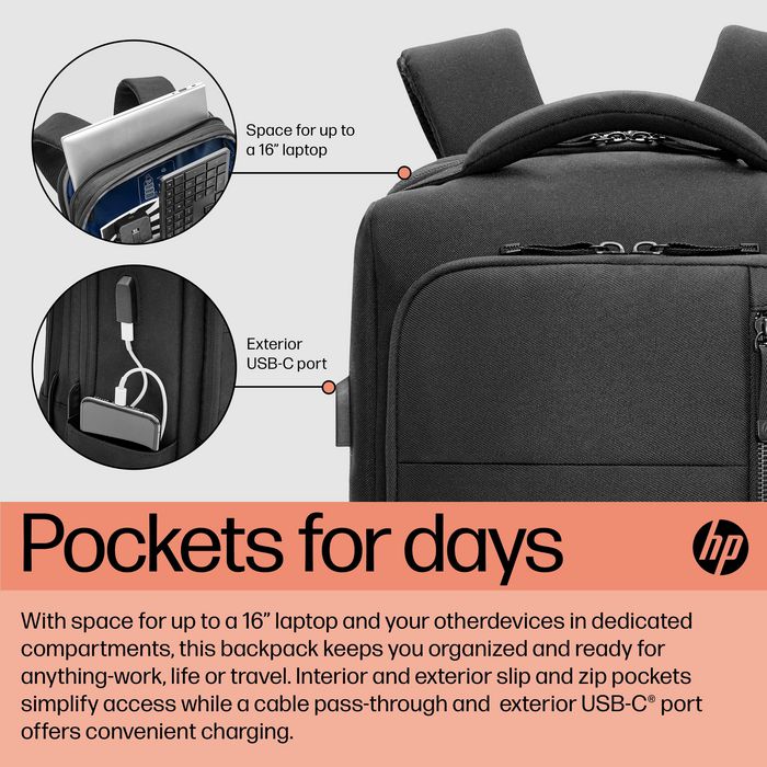 HP Sac à dos Renew Executive pour ordinateur portable 16" - Extension de rangement, port USB-C, fabrication en plastique recyclé
