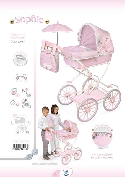 Decuevas Poussette de poupée pliable avec ombrelle et sac - pour poupées jusqu'à 48 cm