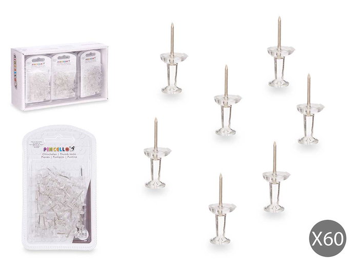 Pincello Lot de 60 punaises transparentes en plastique et métal 2.5 x 11.5 x 1.5 cm (Set de 24) Pincello Lot de 60 punaises transparentes en plastique et métal 2.5 x 11.5 x 1.5 cm (Set de 24)