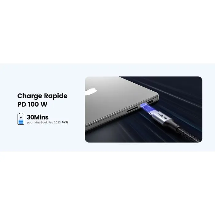 Ugreen Câble USB-C vers USB-C Renforcé 100W 1m Noir - Charge Rapide et Transfert de Données - Compatible Ordinateurs Portables, Tablettes, Smartphones