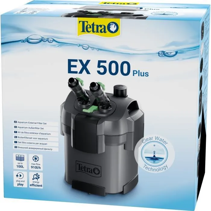 Tetra Filtre extérieur EX 500 Plus pour aquarium jusqu'à 100 litres - Débit 440 L/h - Kit complet avec média filtrant - Silencieux et économe en énergie