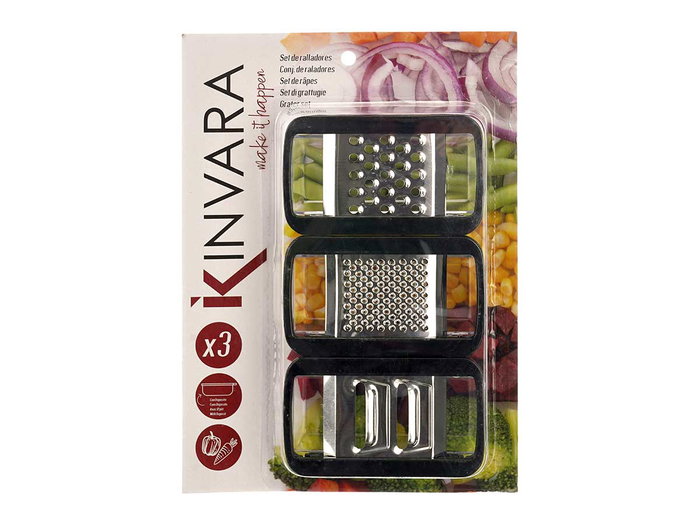 Kinvara Set de 3 Râpes avec Réservoir 17 x 23 x 3 cm Noir Plastique et Métal (Set de 12)