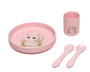 KioKids Kiokids Collection Lovely Friends - Set d'assiette, couverts et tasse en silicone rose pour bébé avec ventouse pour bébé +6 mois, baby-led weaning (BLW), lavable