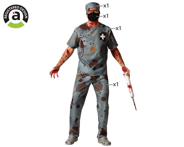 Déguisement de chirurgien macabre avec bonnet, t-shirt, masque et pantalon - Adulte Déguisement de chirurgien macabre avec bonnet, t-shirt, masque et pantalon - Adulte