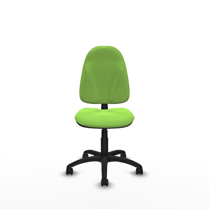 Chaise de bureau Algarra avec mécanisme de contact permanent de base, rembourrée de tissu couleur pistache. Équipée d'une base en polyamide noir, sans accoudoirs et de roulettes autobloquantes