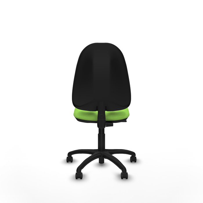 Chaise de bureau Algarra avec mécanisme de contact permanent de base, rembourrée de tissu couleur pistache. Équipée d'une base en polyamide noir, sans accoudoirs et de roulettes autobloquantes