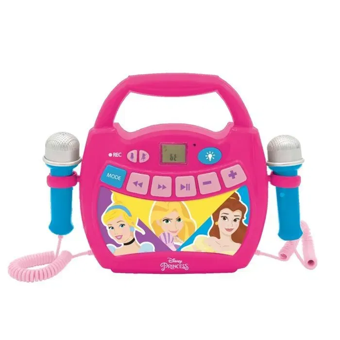 Lexibook Enceinte Karaoké Bluetooth Disney Princesses avec Effets Lumineux, 2 Micros, Batterie Rechargeable, Ports USB/AUX/SD, Enregistrement