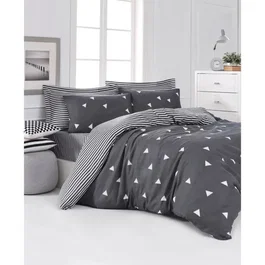 Parure de lit 240 x 220 cm - 1 housse de couette + 2 taies d'oreiller 60x60 cm - 65% coton 35% polyester - Gris et blanc - 120 fils