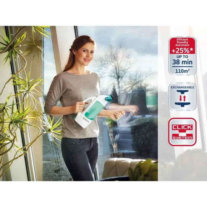 Leifheit Dry & Clean 51001 - Nettoyeur pour vitres avec manche télescopique de 43 cm, nettoyage 360° sans traces, autonomie 38 min