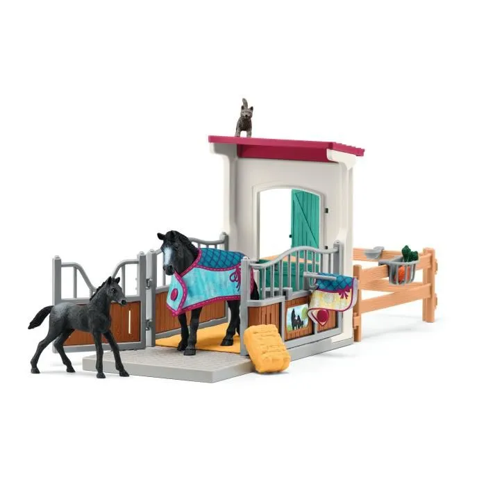 Schleich 42611 Horse Club - Box pour cheval avec jument et poulain, coffret jeu avec 34 figurines dont 2 chevaux, pour enfants 5 ans et plus