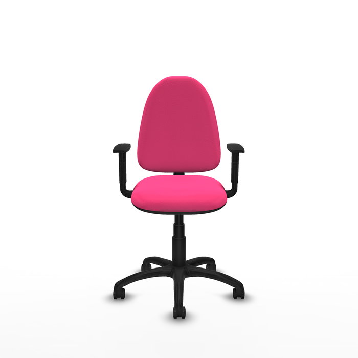 Chaise de bureau Aýna avec mécanisme de contact permanent de base, rembourrée en simili cuir rose. Équipée d'une base en polyamide noir, d'accoudoirs 1D et de roulettes pour parquet.
