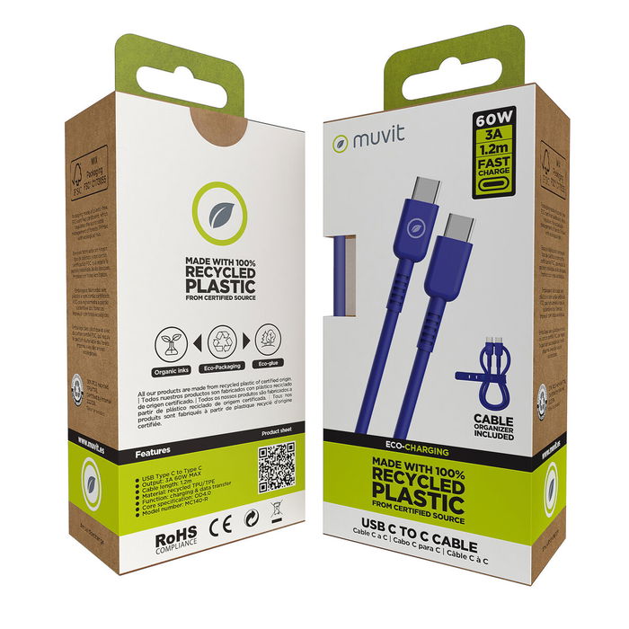 Câble USB-C vers USB-C Muvit for Change Bleu 1,2 m Câble USB-C vers USB-C Muvit for Change Bleu 1,2 m