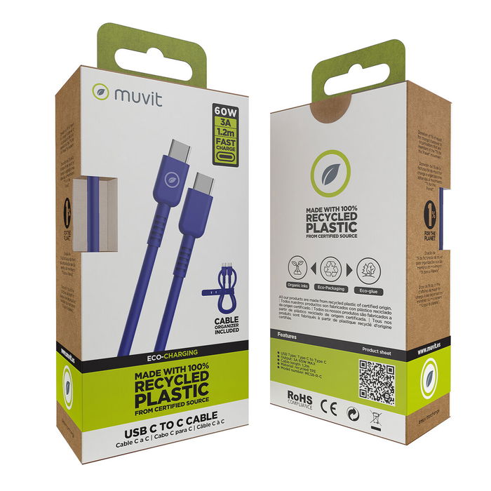 Câble USB-C vers USB-C Muvit for Change Bleu 1,2 m Câble USB-C vers USB-C Muvit for Change Bleu 1,2 m