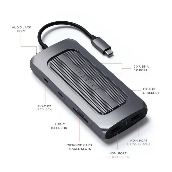 Satechi - Adaptateur multiport USB-C MX pour Mac M1 - Dual 4K HDMI 60Hz, PD 100W, Gigabit LAN, USB-C, 2x USB-A 3.0, lecteur Micro/SD, jack 3.5mm