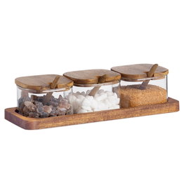 Andrea House Ensemble de 3 Sucriers en Verre et Acacia avec Plateau