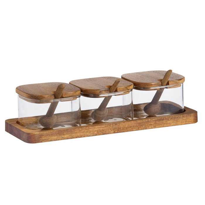 Andrea House Ensemble de 3 Sucriers en Verre et Acacia avec Plateau