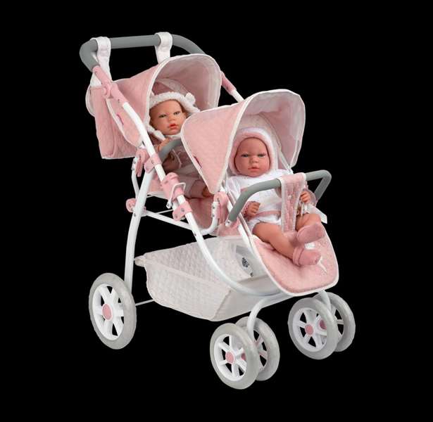 Muñecas Arias Coche Gemelar Universe pour bébé avec sac de transport, dimensions 45x70x73 cm, hauteur guidon réglable 47-77 cm, montage nécessaire, âge recommandé 3 ans
