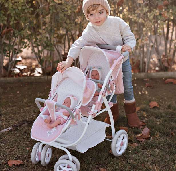 Muñecas Arias Coche Gemelar Universe pour bébé avec sac de transport, dimensions 45x70x73 cm, hauteur guidon réglable 47-77 cm, montage nécessaire, âge recommandé 3 ans