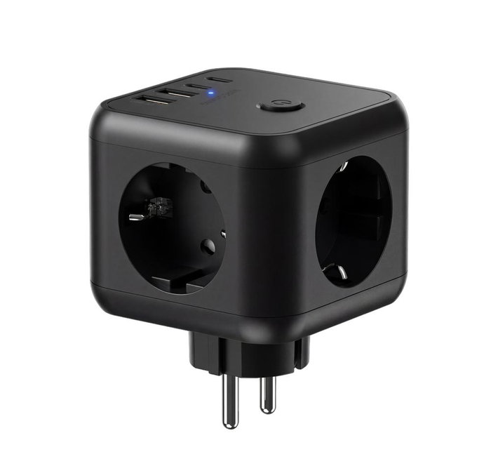 Mars Gaming MDCUBE20 Chargeur mural 20W GaN Multiprise USB-C USB-A 3 Prises SCHUKO Noir