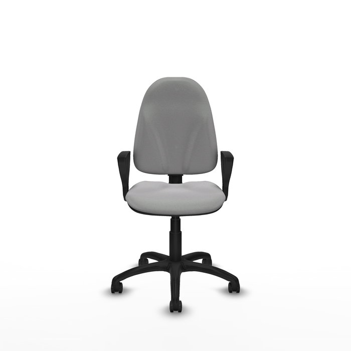 Chaise de bureau Algarra avec mécanisme Contact permanent à double poignée, rembourrée de tissu gris clair. Équipée d'une base en polyamide noir, d'accoudoirs fixes et de roulettes autobloquantes