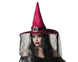Chapeau de sorcière rouge avec voile noir et paillettes