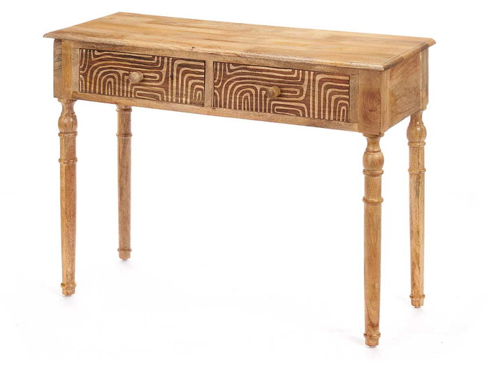 Gifdecor Table d'appoint 2 tiroirs courbes naturelle bois manguier marron 98 x 77 x 42 cm