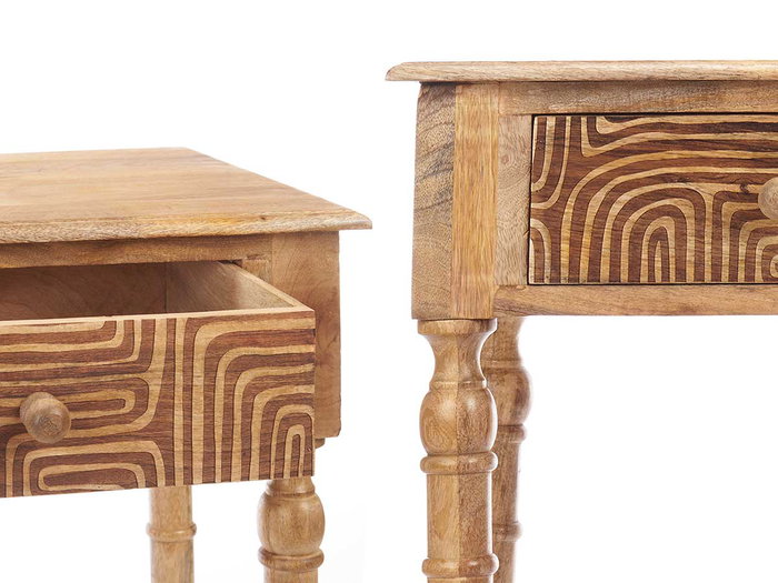 Gifdecor Table d'appoint 2 tiroirs courbes naturelle bois manguier marron 98 x 77 x 42 cm