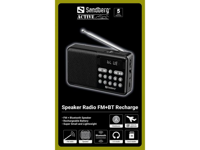 Sandberg Enceinte Radio Bluetooth FM avec Batterie Rechargeable, Lecteur MP3 via USB ou Carte TF