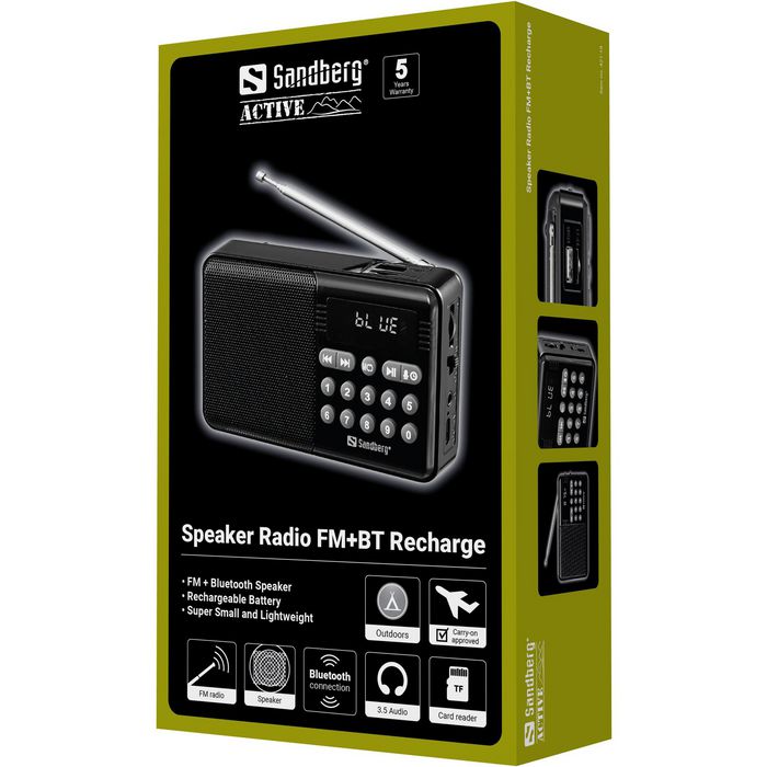 Sandberg Enceinte Radio Bluetooth FM avec Batterie Rechargeable, Lecteur MP3 via USB ou Carte TF