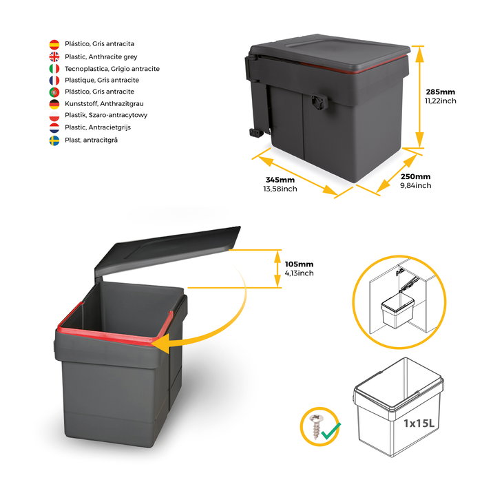 Emuca Bac de tri sélectif pour montage sur porte de meuble Recycle, 1 bac extractible de 15 litres, Plastique gris anthracite