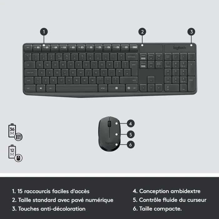 Logitech MK235 Clavier et Souris sans fil AZERTY Graphite avec pavé numérique et touches raccourcis - Autonomie 36 mois